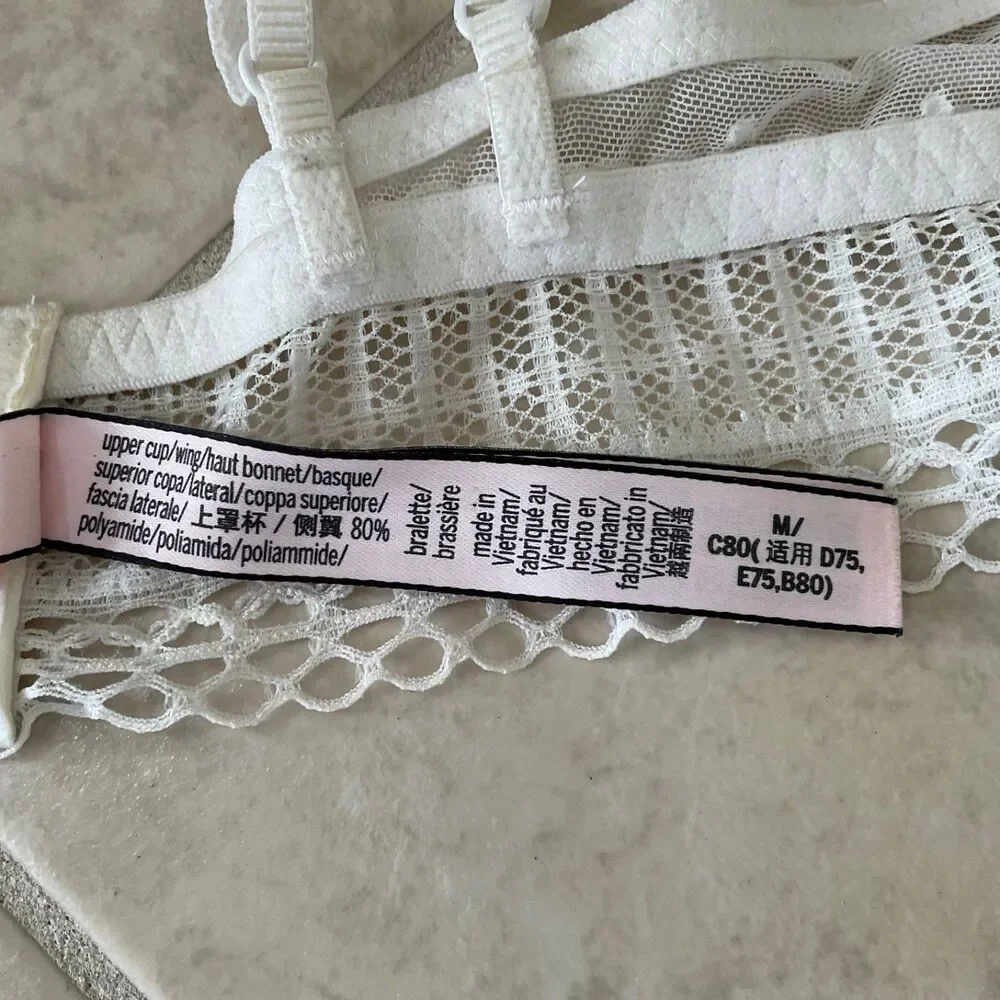 Victoria's Secret White Lace Swiss Dot Mesh Bralette Bra sz M No Wire No Padding